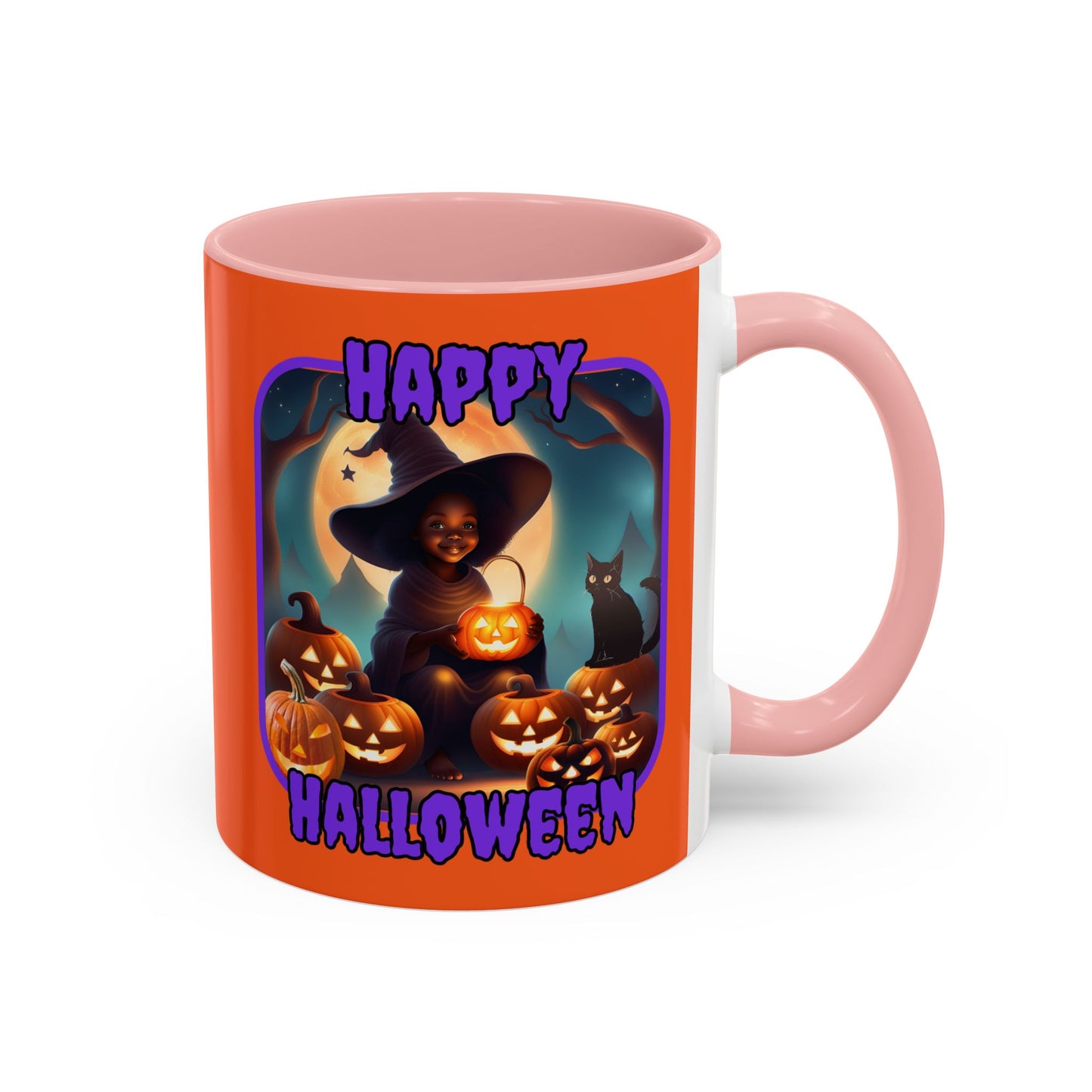 Happy Halloween Cute Witch Purple font Orange Accent Mug by CreepyCrafts.boo