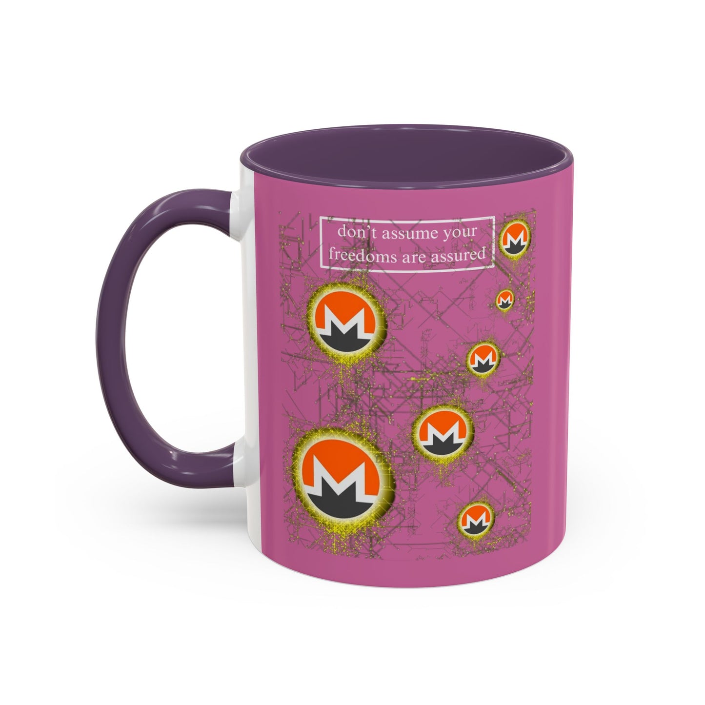 Monero (XMR) don't assume your freedoms are assured Pink Accent Mug by cypherpunkgear.com