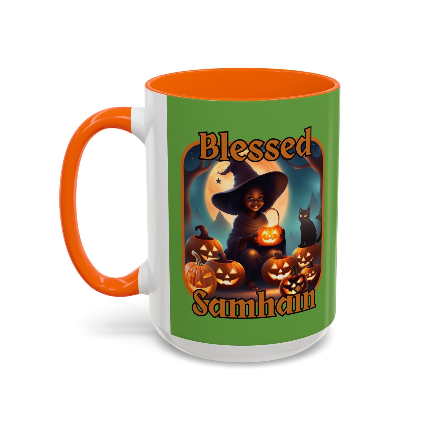Blessed Samhain Cute Witch Orange font Green Accent Mug by CreepyCrafts.boo
