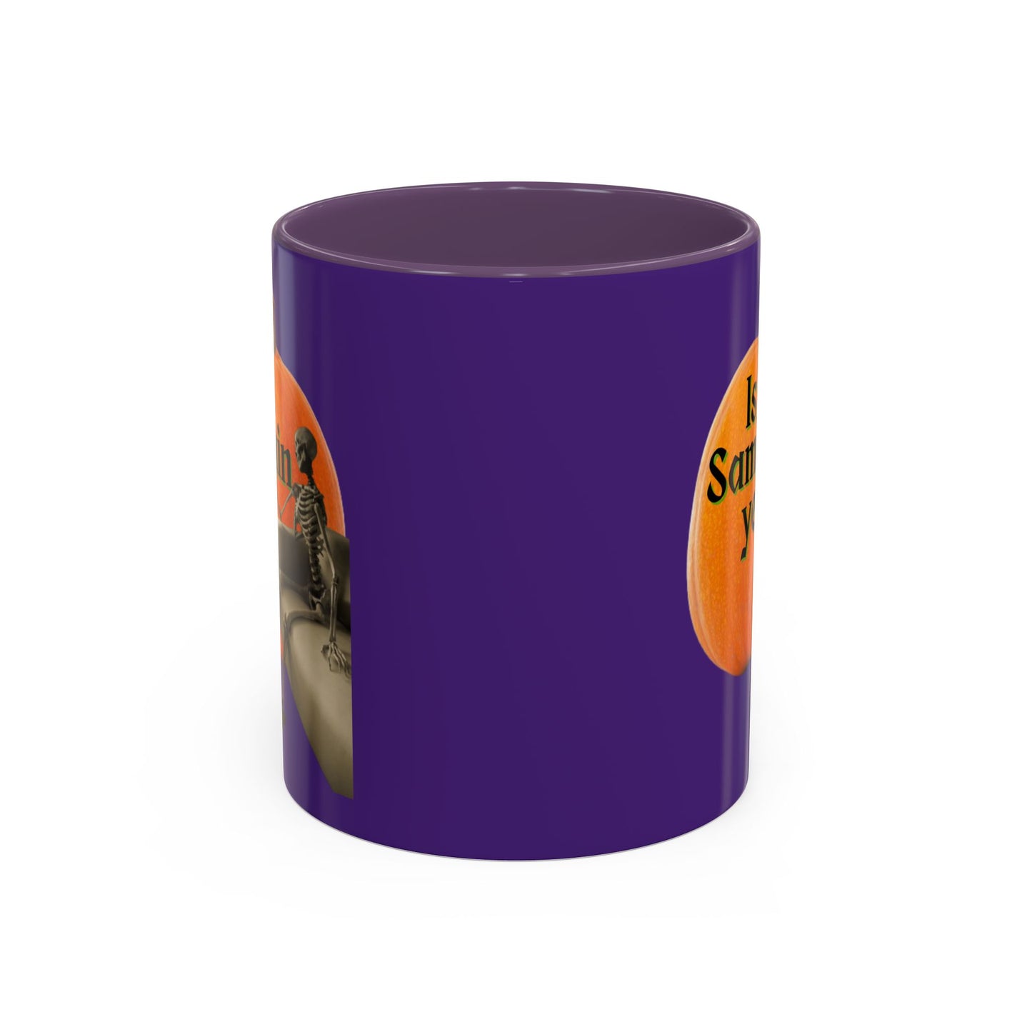 Is It Samhain Yet? Skeleton's Giant Pumpkin Purple Accent Mug by CreepyCrafts.boo