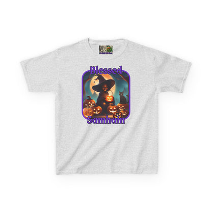 Blessed Samhain Cute Witch Purple font Kids Heavy Cotton™ Tee by CreepyCrafts.boo