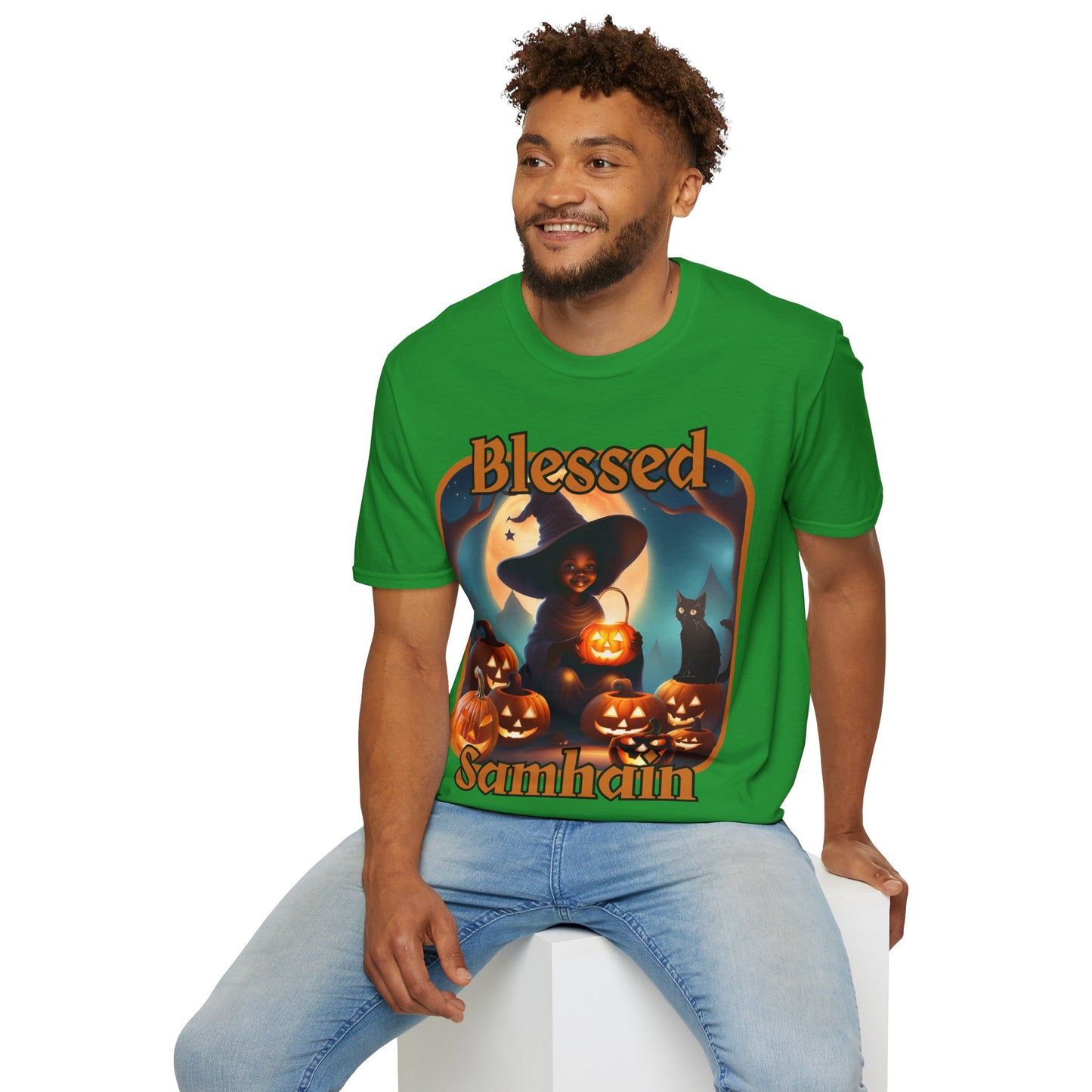 Blessed Samhain Cute Witch Orange font Dark colors Unisex T-Shirt by CreepyCrafts.boo