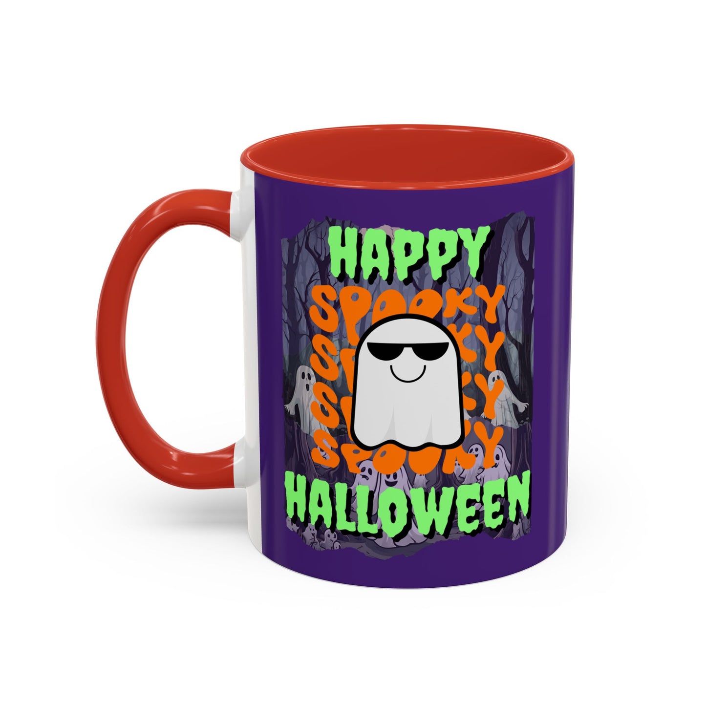 Spooky Happy Halloween Ghost Green font Purple Accent Mug by CreepyCrafts.boo