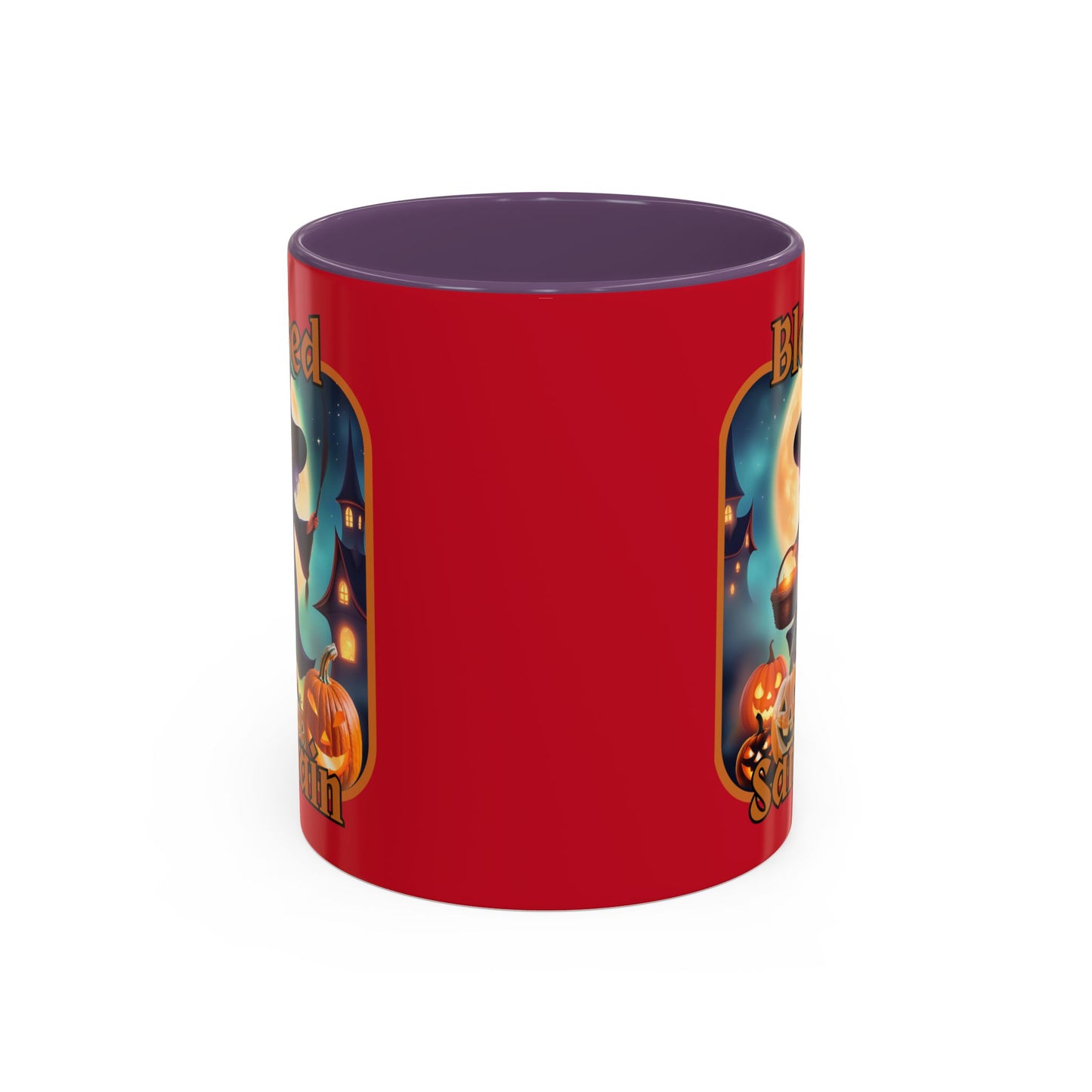 Blessed Samhain Little Witch Orange font Red Accent Mug by CreepyCrafts.boo