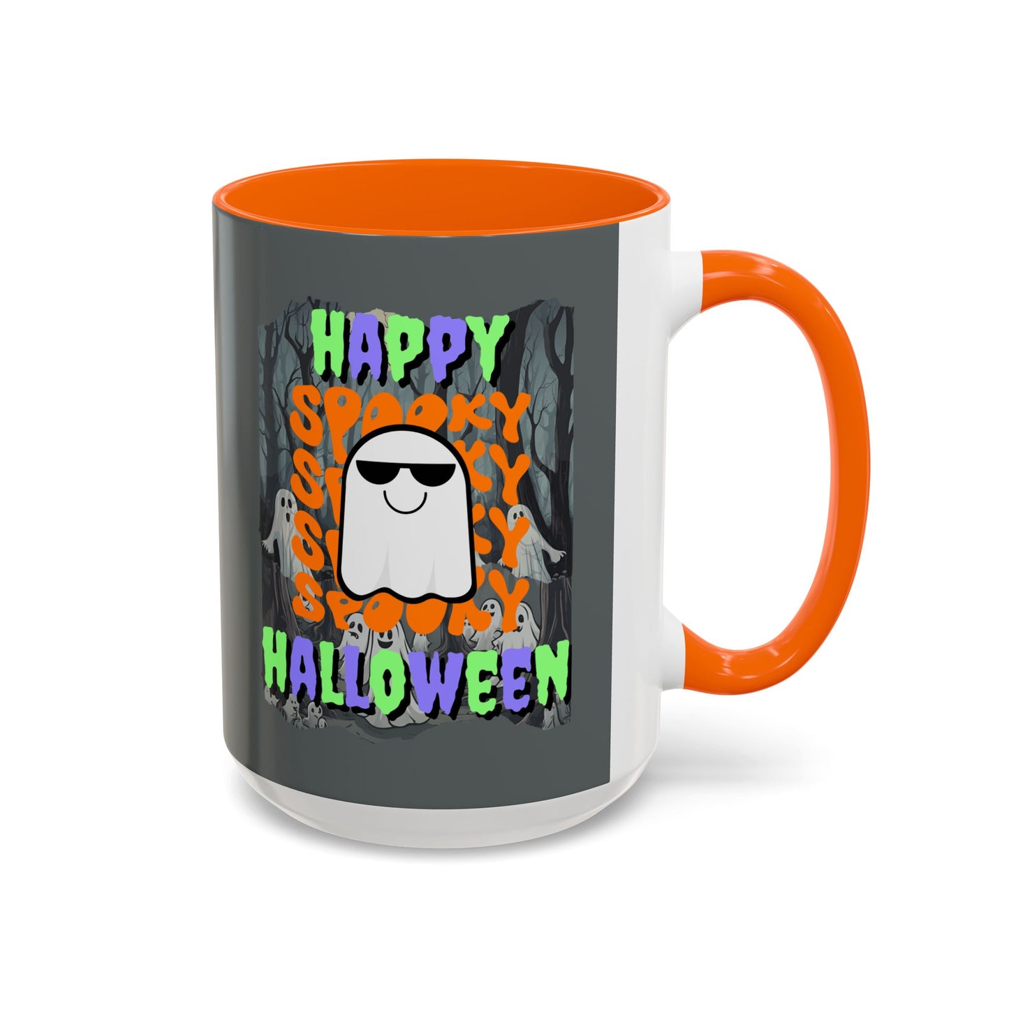 Spooky Happy Halloween Ghost Mixed font Grey Accent Mug by CreepyCrafts.boo