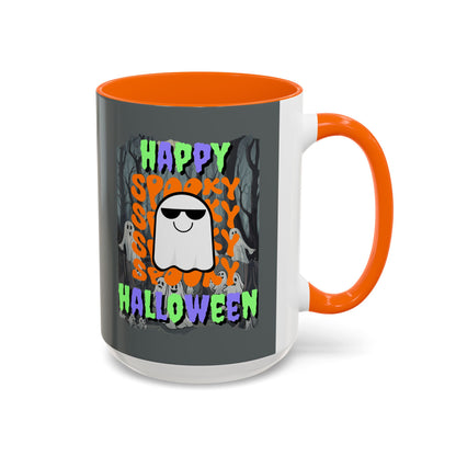 Spooky Happy Halloween Ghost Mixed font Grey Accent Mug by CreepyCrafts.boo