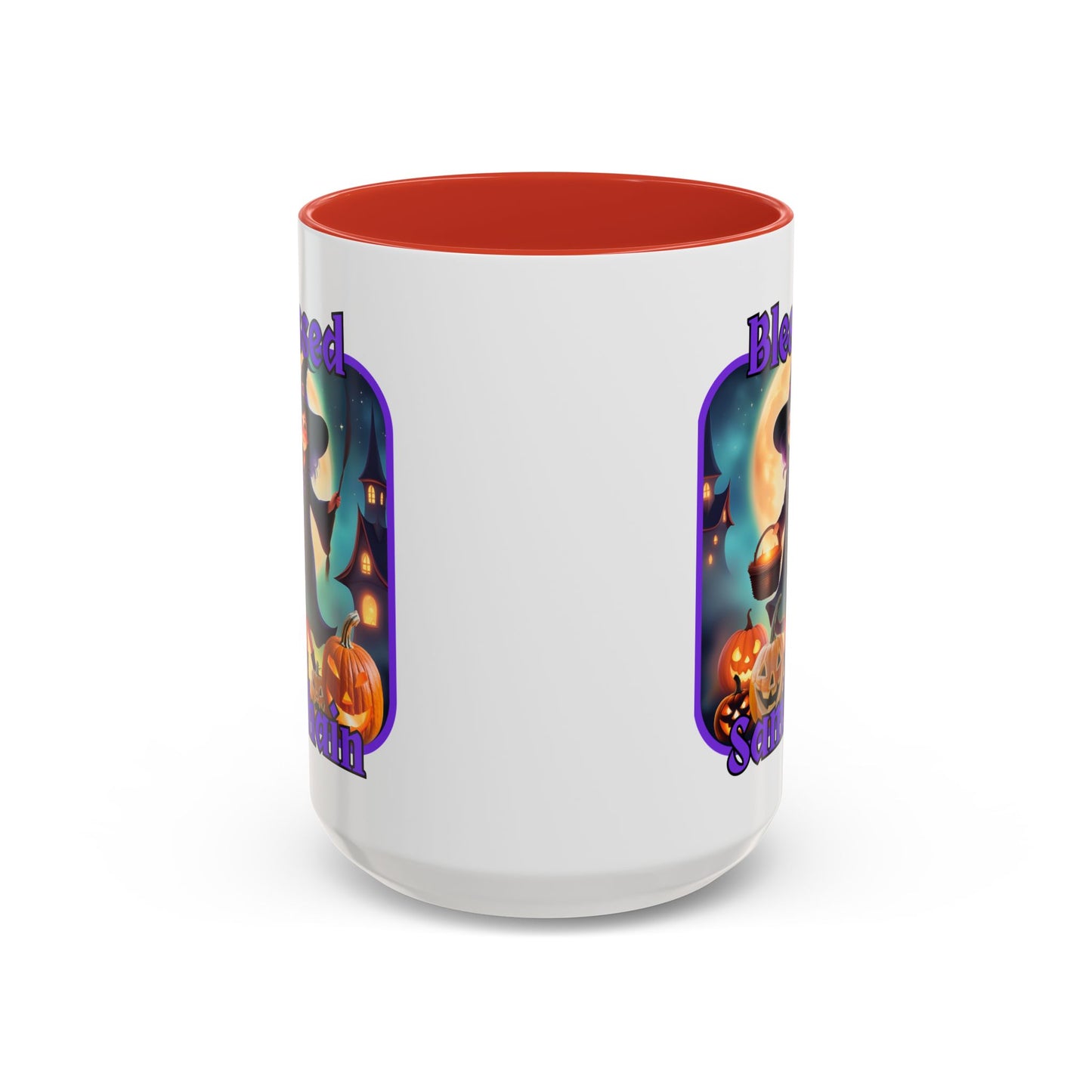 Blessed Samhain Little Witch Purple font White Accent Mug by CreepyCrafts.boo