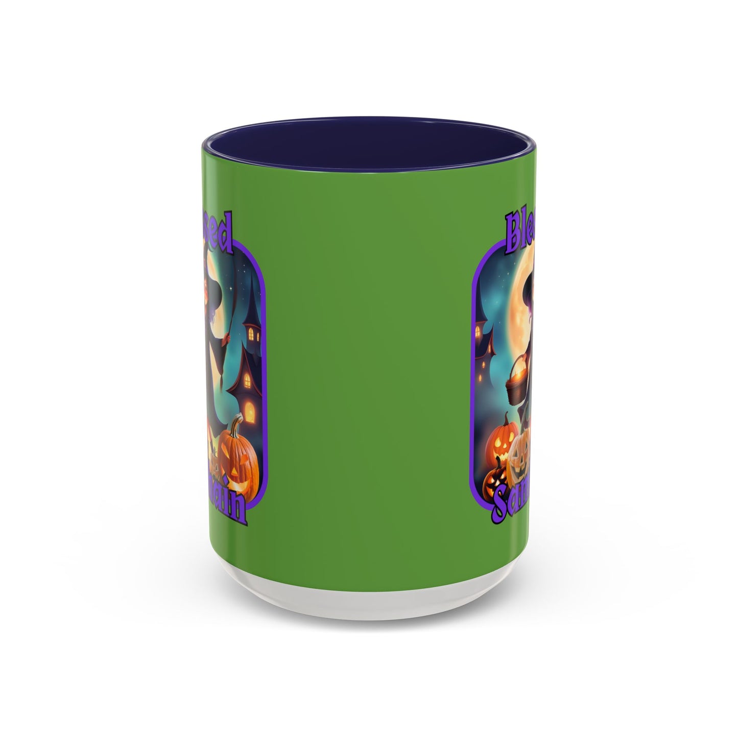 Blessed Samhain Little Witch Purple font Green Accent Mug by CreepyCrafts.boo