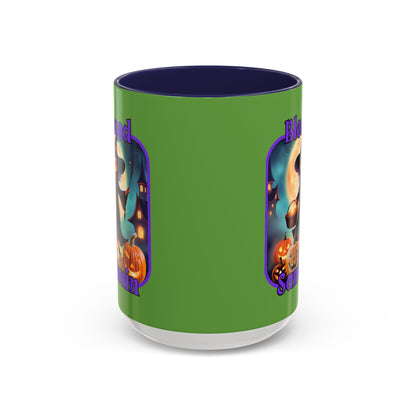 Blessed Samhain Little Witch Purple font Green Accent Mug by CreepyCrafts.boo