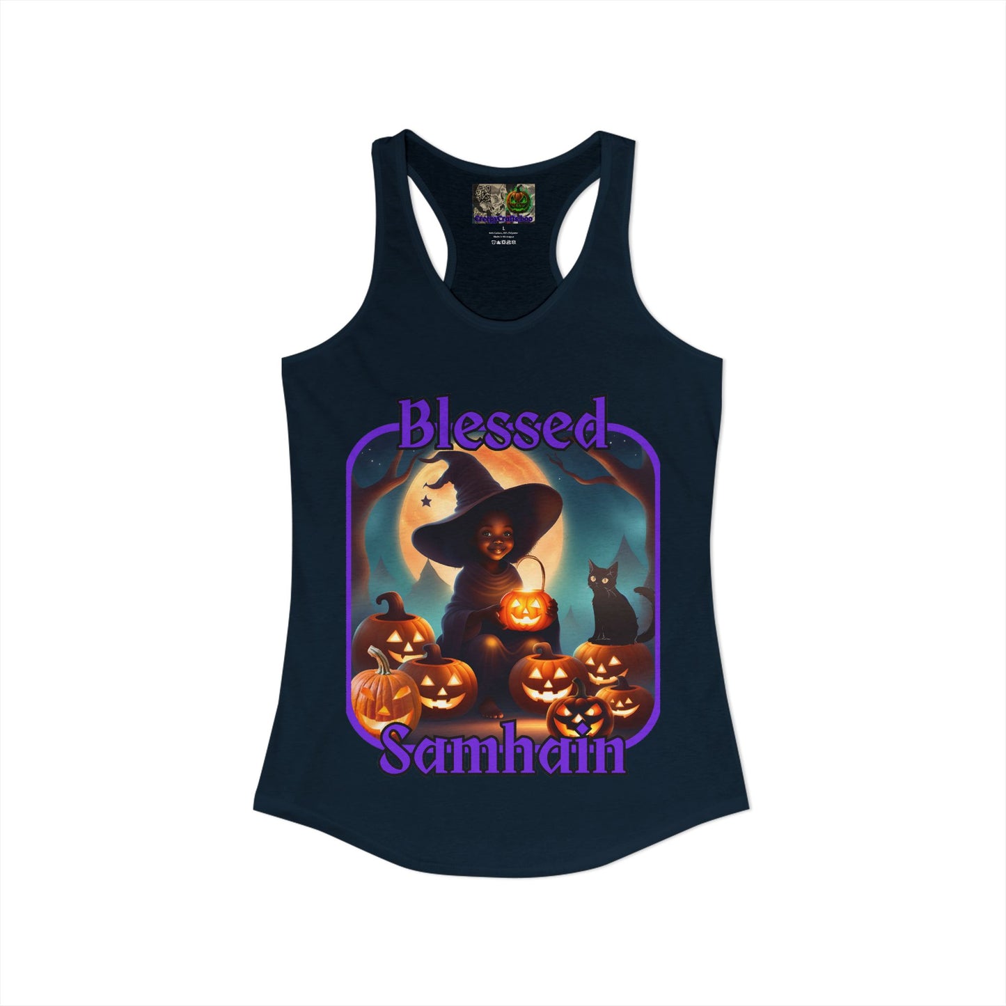Blessed Samhain Cute Witch Purple font Women's Racerback Tank Top by CreepyCrafts.boo