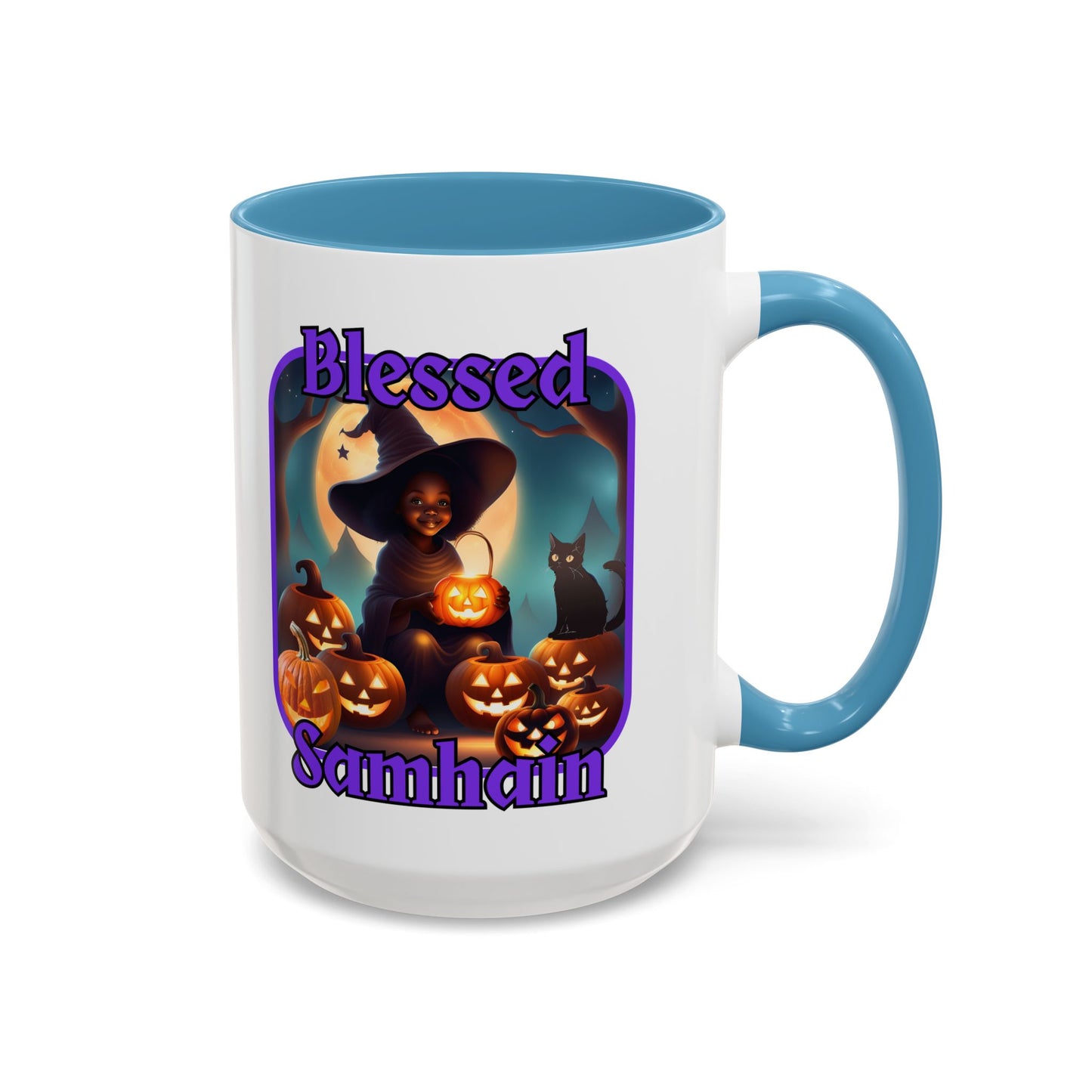 Blessed Samhain Cute Witch Purple font White Accent Mug by CreepyCrafts.boo