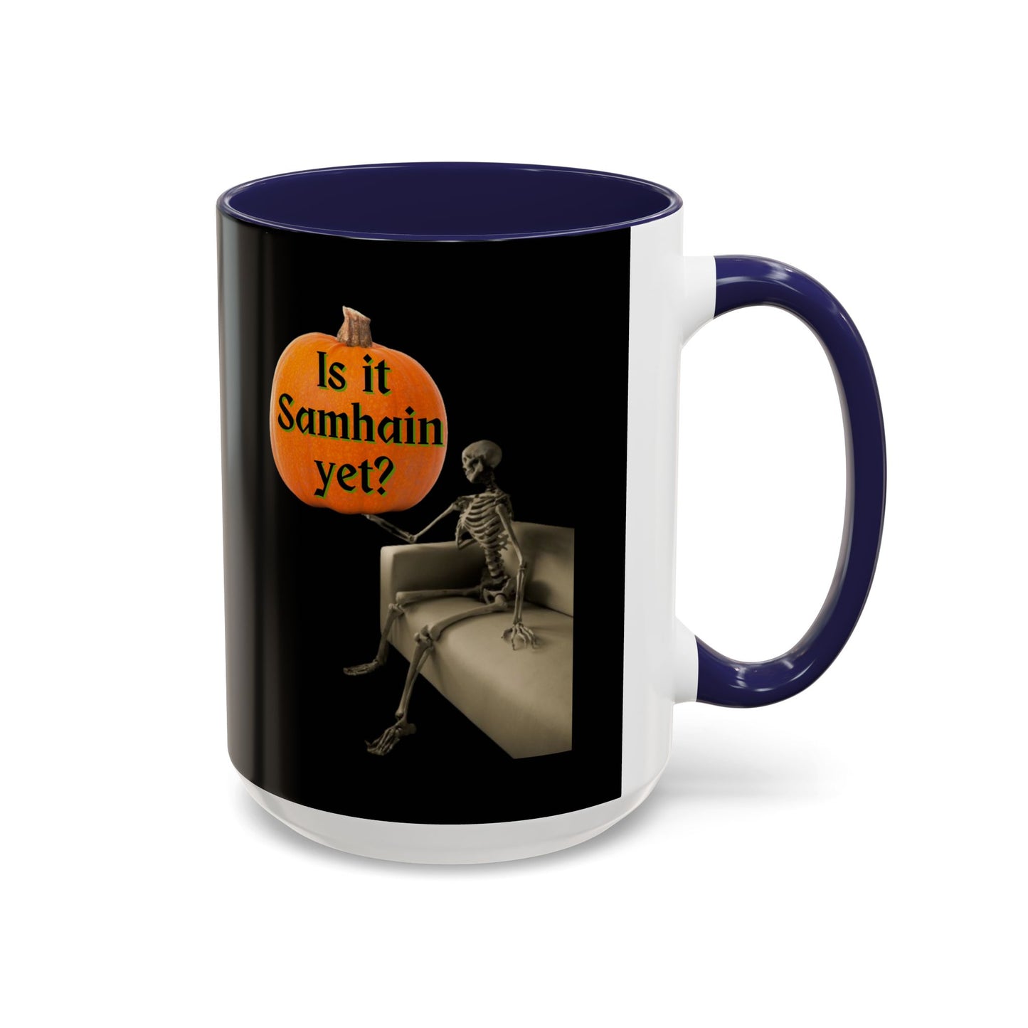 Is it Samhain yet? Skeleton's Pumpkin Black Accent Mug by CreepyCrafts.boo