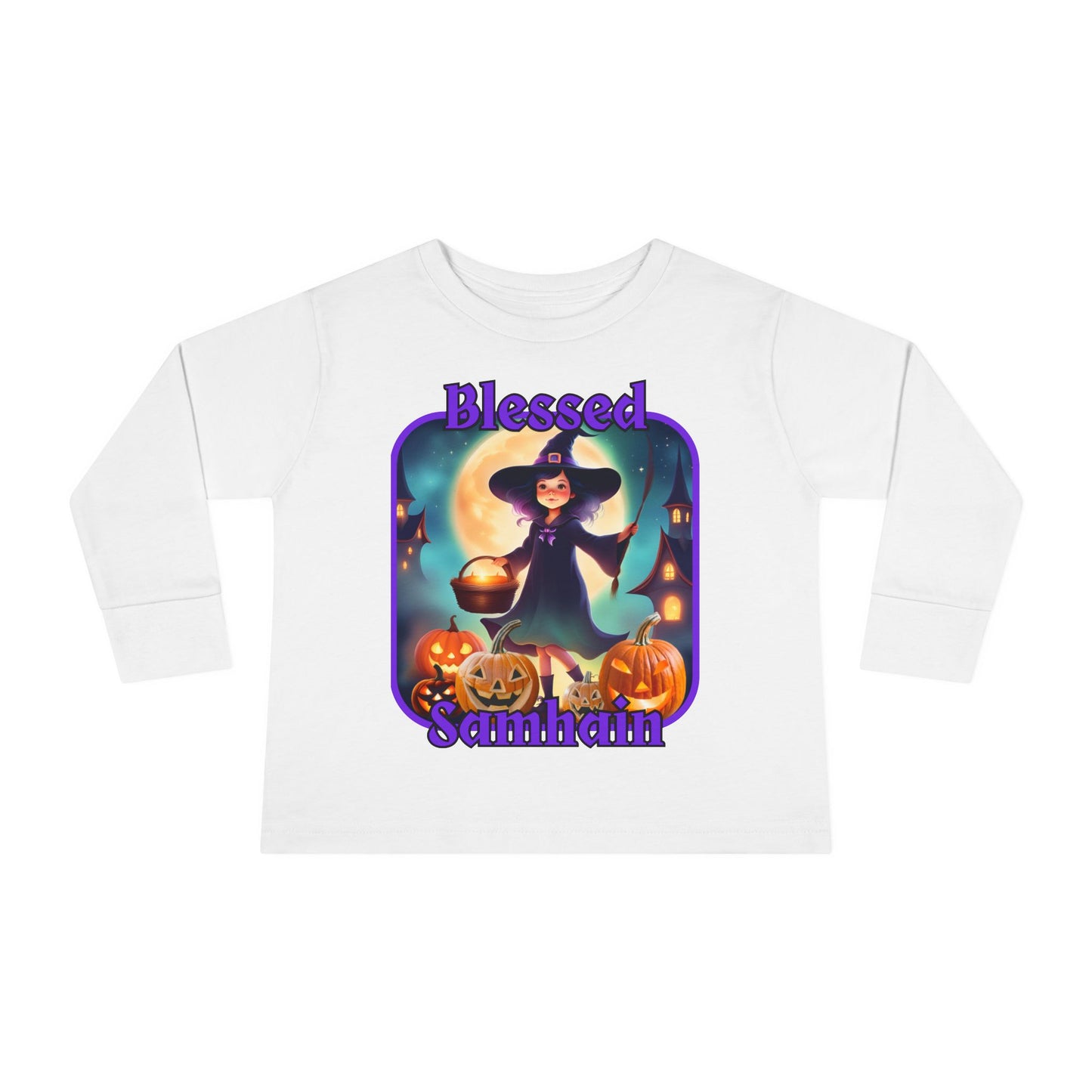 Blessed Samhain Little Witch Purple font Toddler Long Sleeve Tee by CreepyCrafts.boo