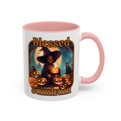 Blessed Samhain Cute Witch Orange font White Accent Mug by CreepyCrafts.boo