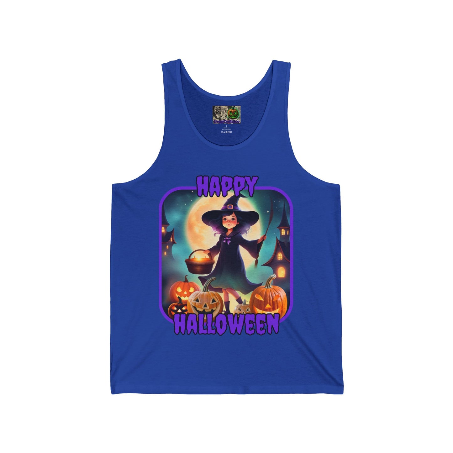 Happy Halloween Little Witch Purple font Unisex Jersey Tank Top by CreepyCrafts.boo