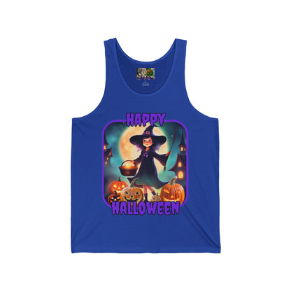 Happy Halloween Little Witch Purple font Unisex Jersey Tank Top by CreepyCrafts.boo