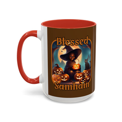 Blessed Samhain Cute Witch Orange font Brown Accent Mug by CreepyCrafts.boo