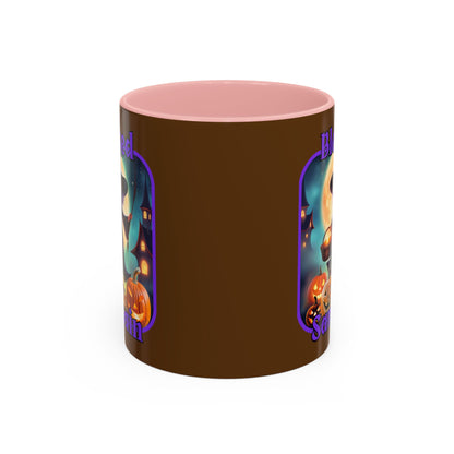 Blessed Samhain Little Witch Purple font Brown Accent Mug by CreepyCrafts.boo