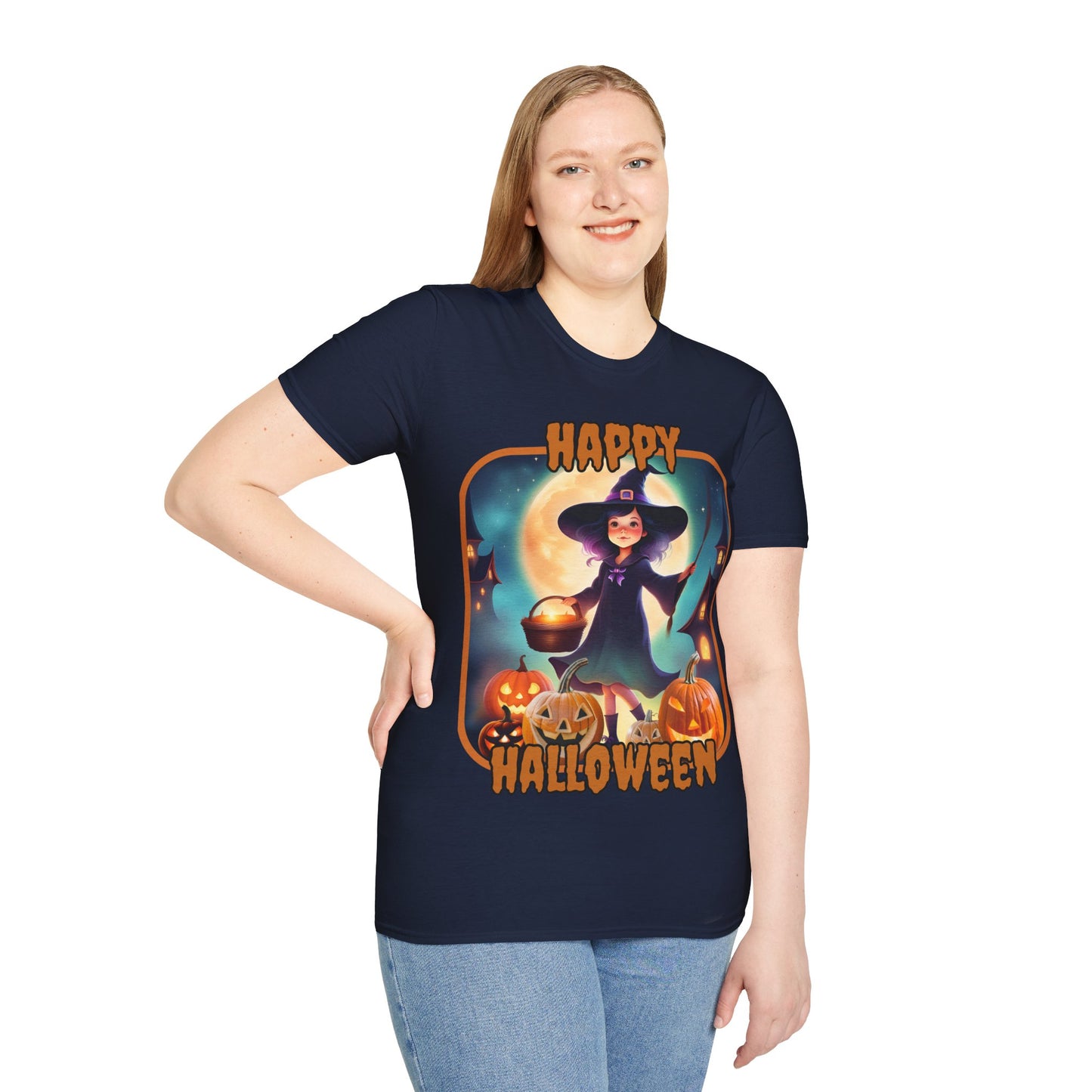 Happy Halloween Little Witch Orange font, Dark colors, Unisex T-Shirt by CreepyCrafts.boo