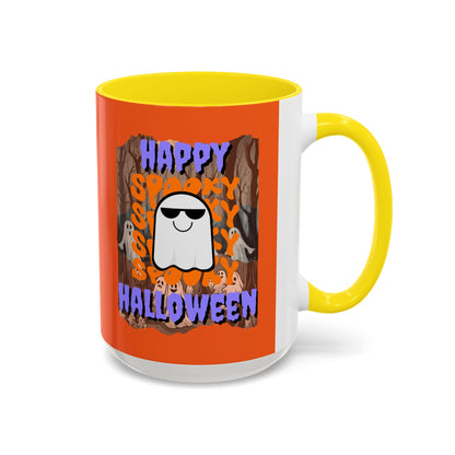 Spooky Happy Halloween Ghost Purple font Orange Accent Mug by CreepyCrafts.boo