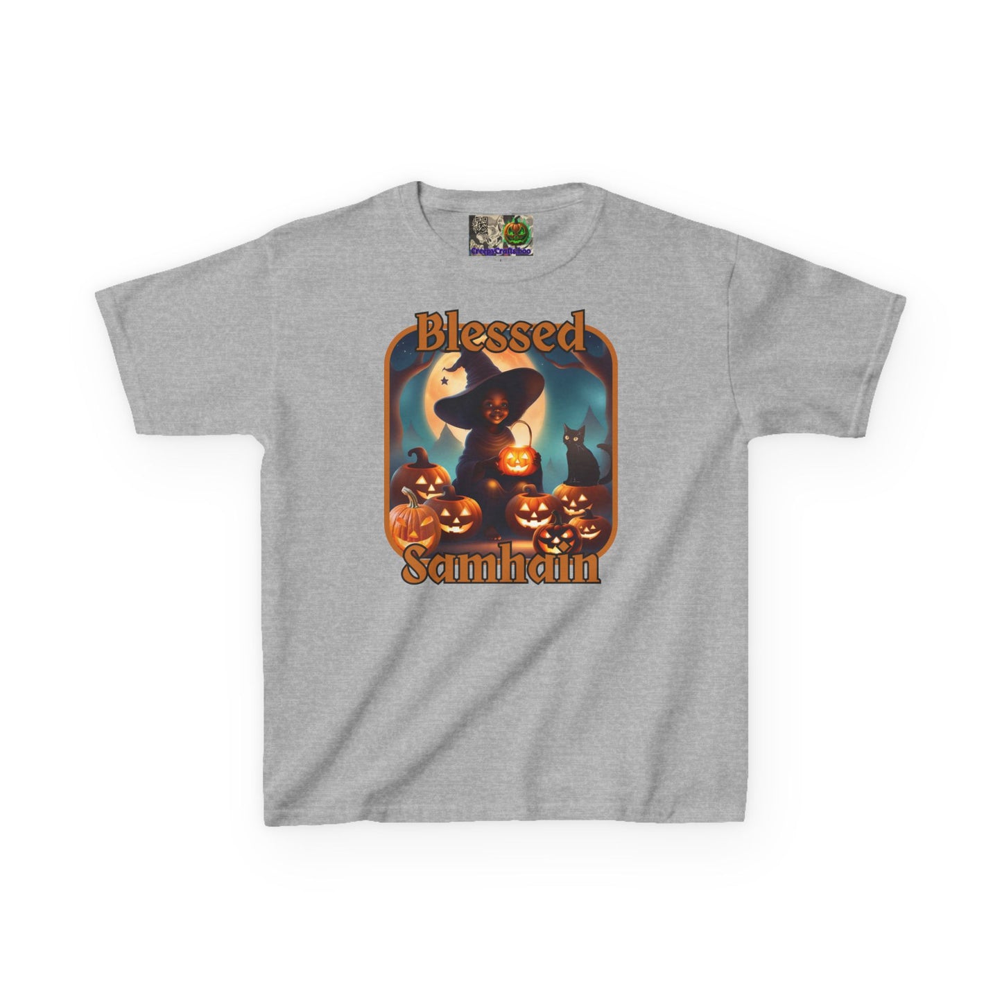 Blessed Samhain Cute Witch Orange font Kids Heavy Cotton™ Tee by CreepyCrafts.boo