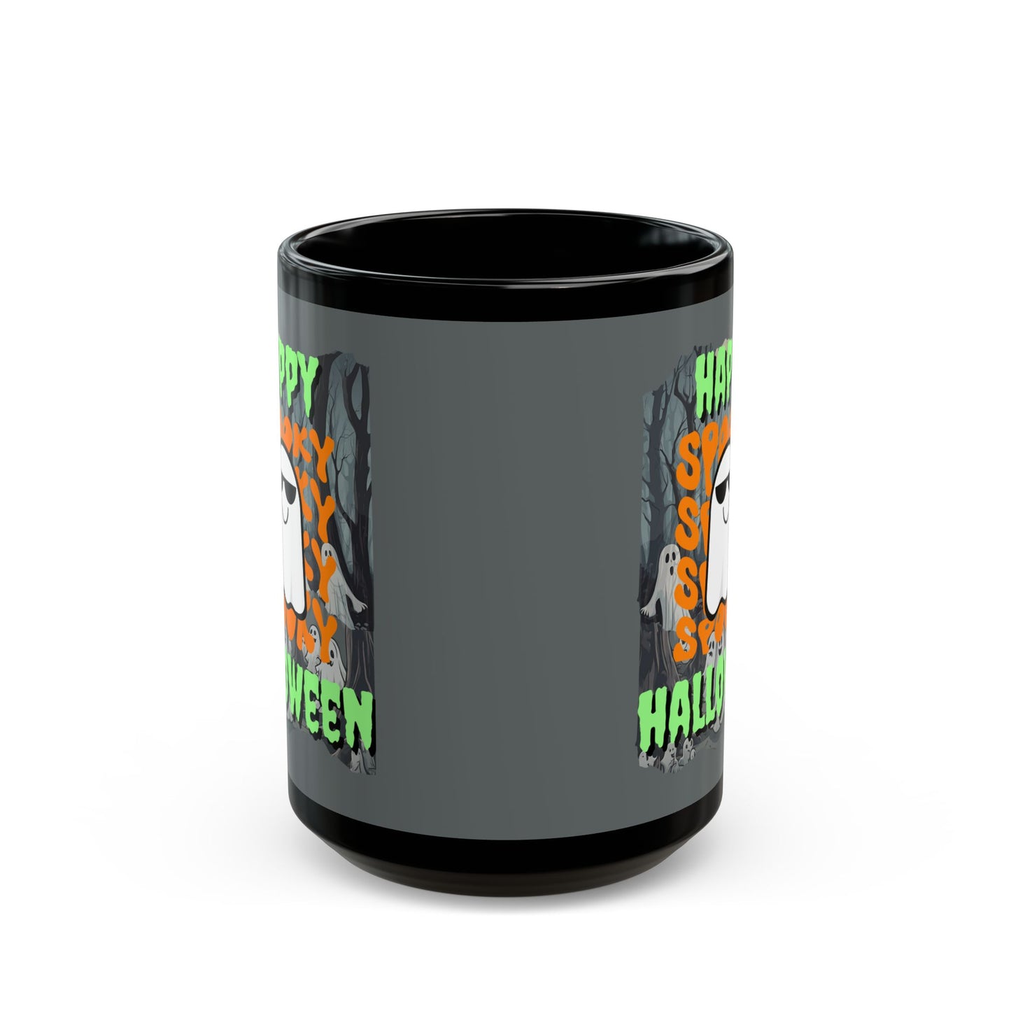 Spooky Happy Halloween Ghost Green font Grey Mug by CreepyCrafts.boo