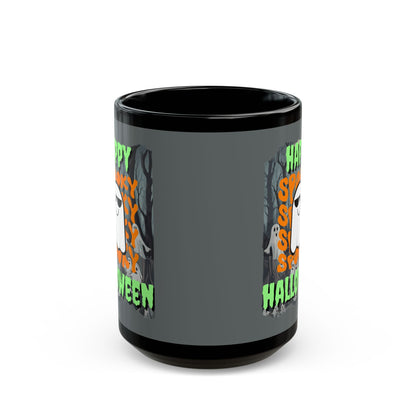 Spooky Happy Halloween Ghost Green font Grey Mug by CreepyCrafts.boo