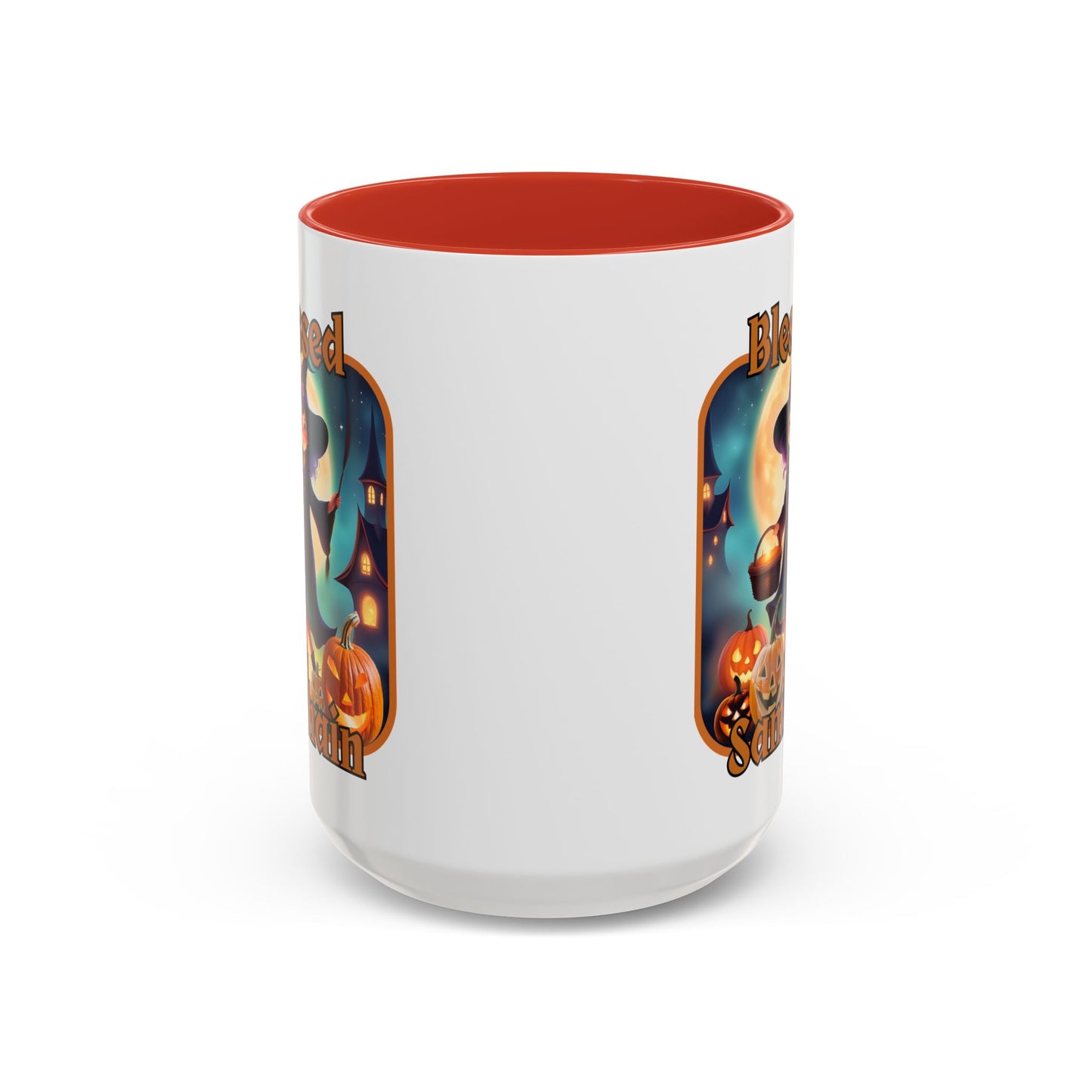 Blessed Samhain Little Witch Orange font White Accent Mug by CreepyCrafts.boo