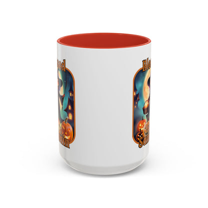 Blessed Samhain Little Witch Orange font White Accent Mug by CreepyCrafts.boo