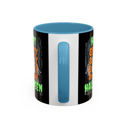 Spooky Happy Halloween Ghost Green font Black Accent Mug by CreepyCrafts.boo
