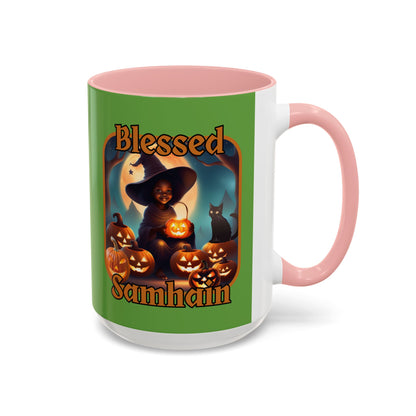 Blessed Samhain Cute Witch Orange font Green Accent Mug by CreepyCrafts.boo