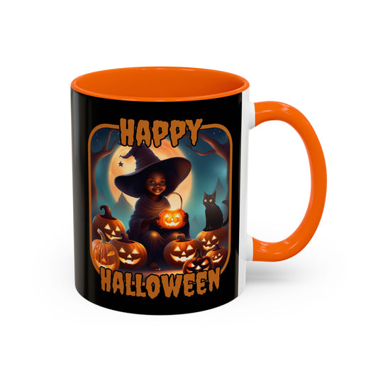 Happy Halloween Cute Witch Orange font Black Accent Mug by CreepyCrafts.boo