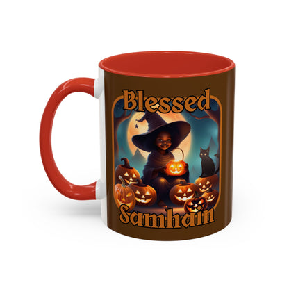 Blessed Samhain Cute Witch Orange font Brown Accent Mug by CreepyCrafts.boo