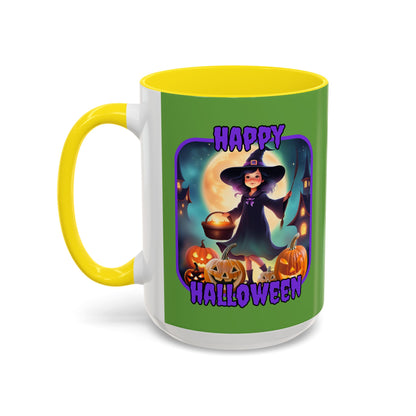 Happy Halloween Little Witch Purple font Green Accent Mug by CreepyCrafts.boo