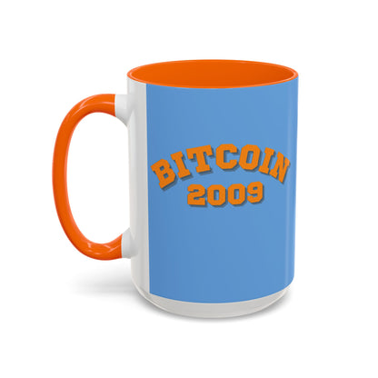 Bitcoin 2009 Light Blue Accent Mug by cypherpunkgear.com