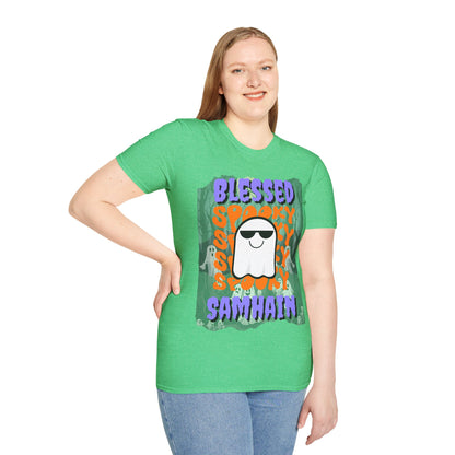 Spooky Blessed Samhain Ghost Purple font Unisex T-Shirt by CreepyCrafts.boo