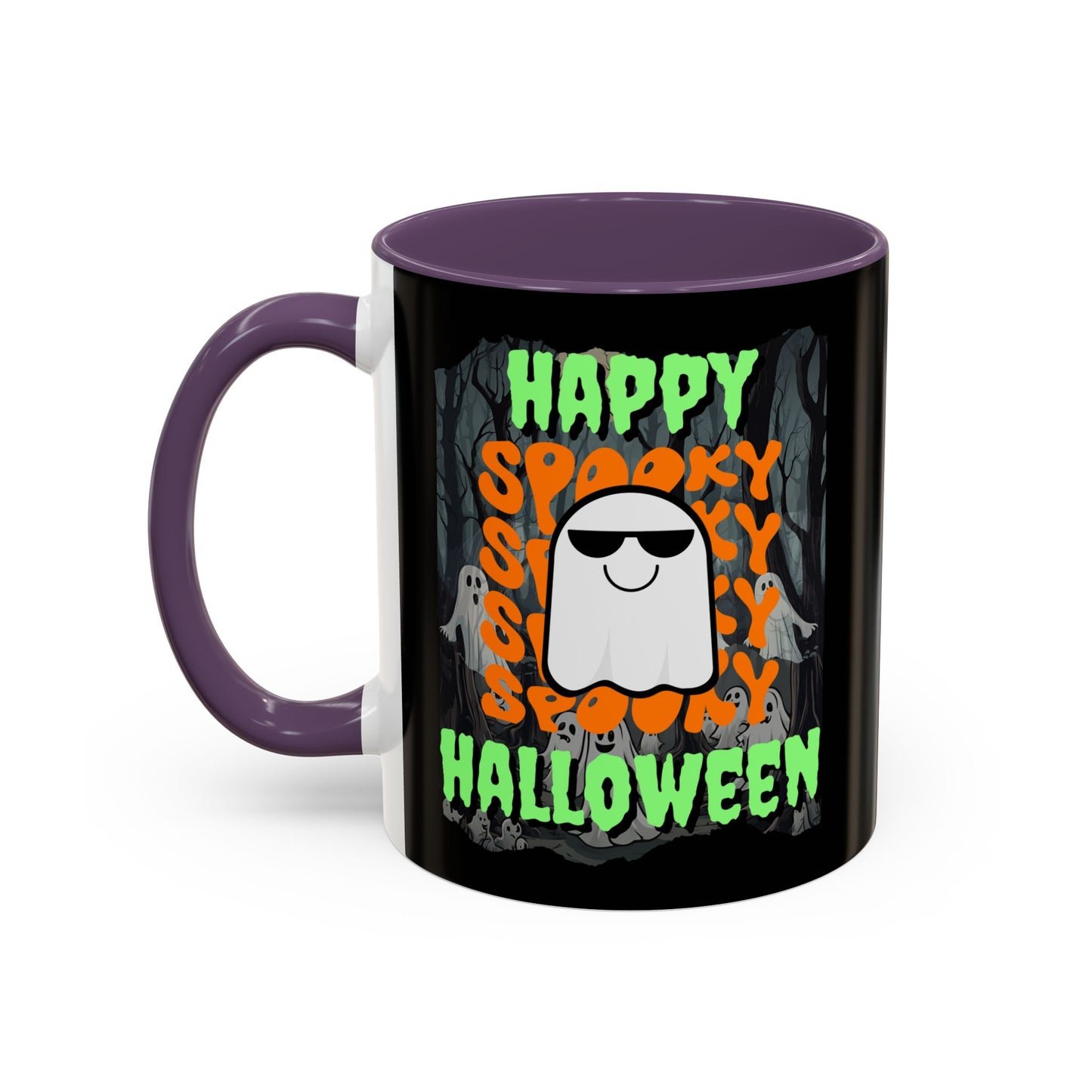 Spooky Happy Halloween Ghost Green font Black Accent Mug by CreepyCrafts.boo