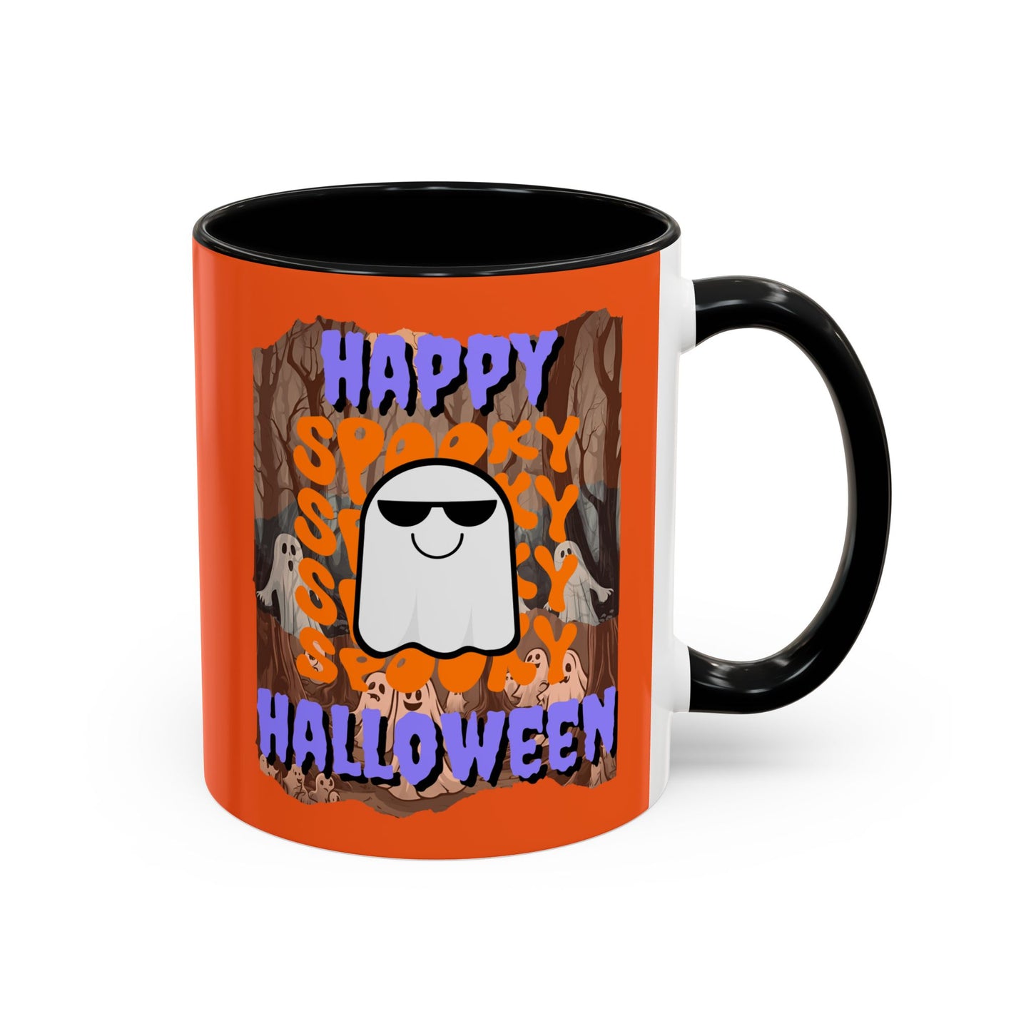 Spooky Happy Halloween Ghost Purple font Orange Accent Mug by CreepyCrafts.boo
