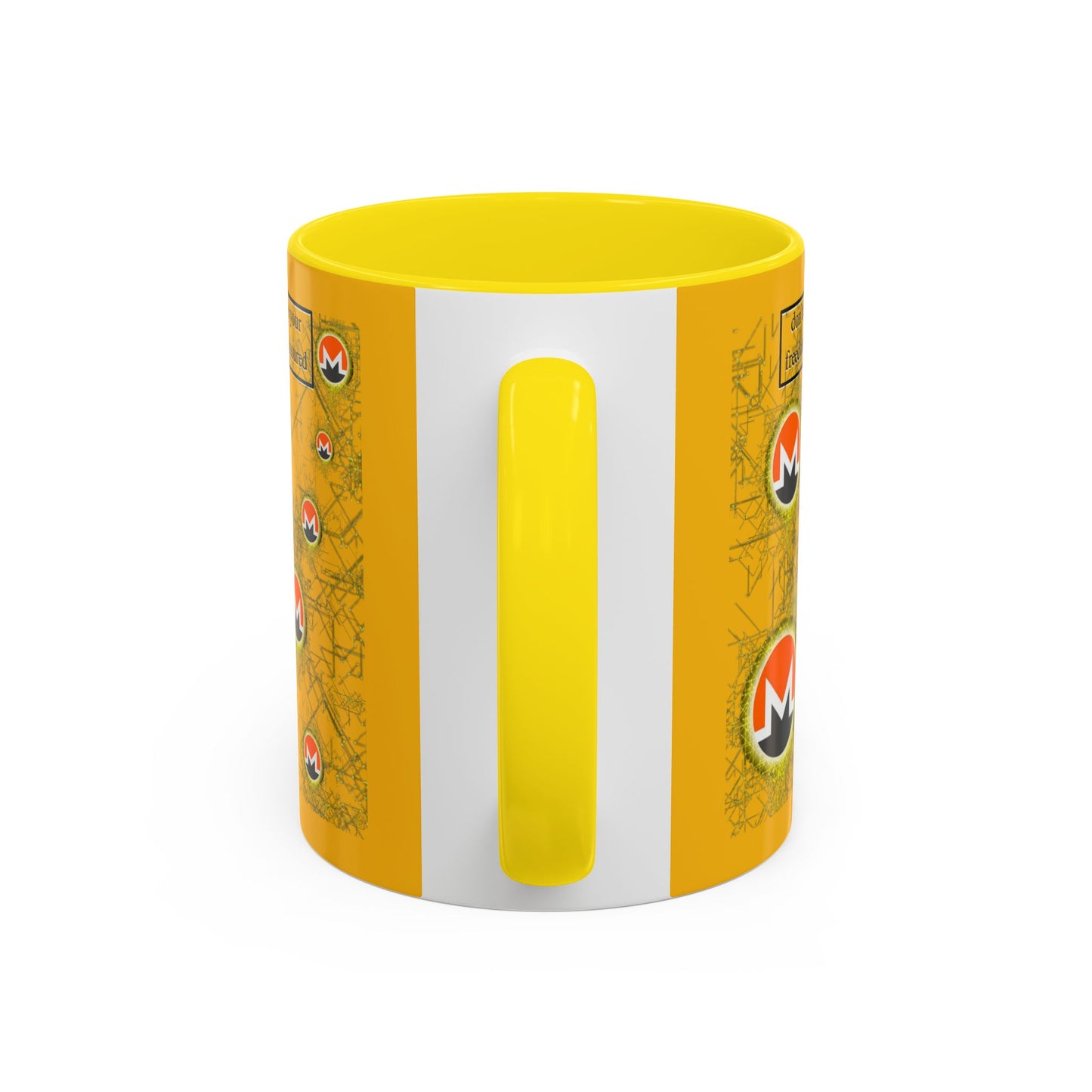 Monero (XMR) don't assume your freedoms are assured Yellow Accent Mug by cypherpunkgear.com