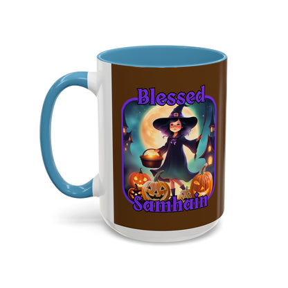 Blessed Samhain Little Witch Purple font Brown Accent Mug by CreepyCrafts.boo