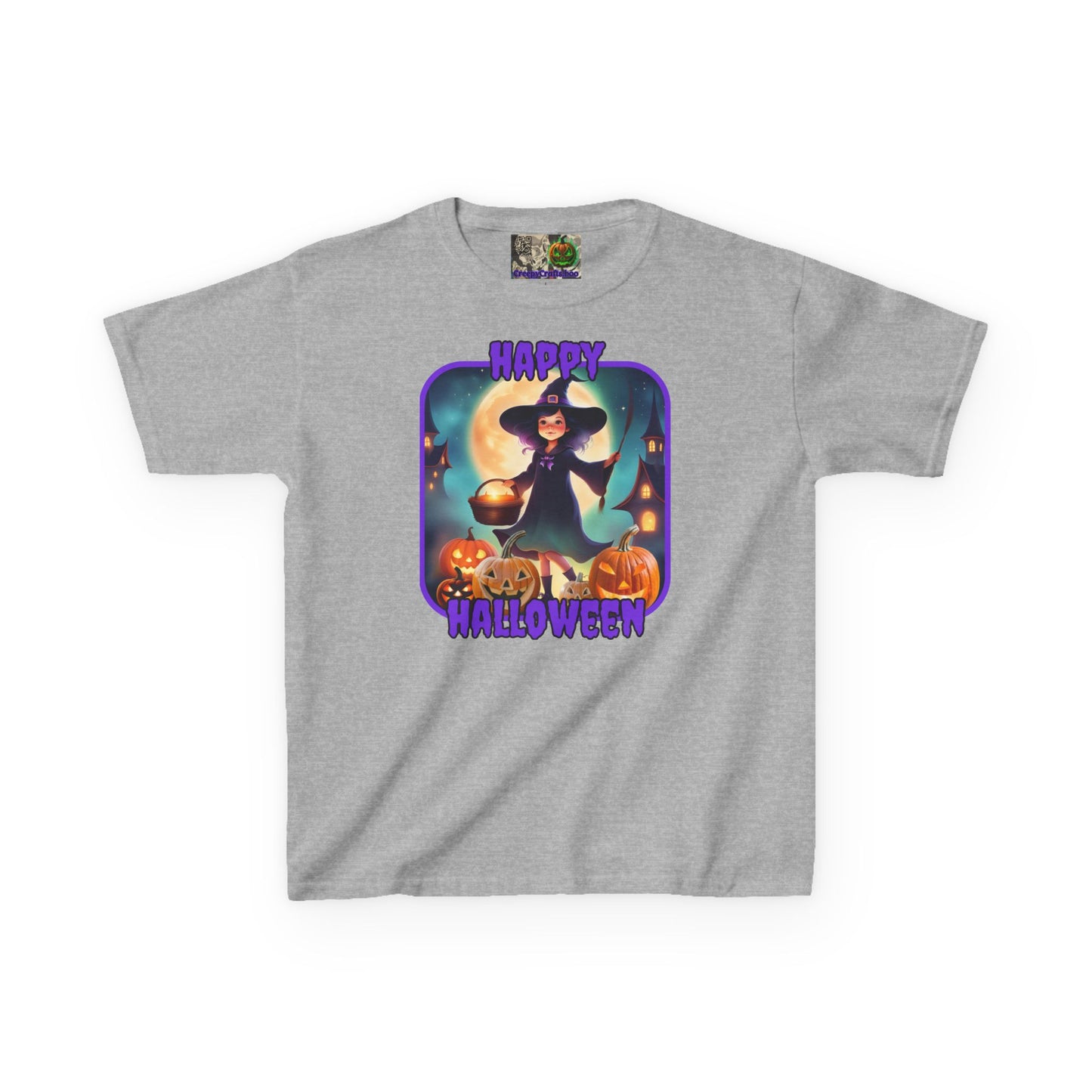 Happy Halloween Little Witch Purple font Kids Heavy Cotton™ Tee by CreepyCrafts.boo