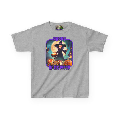 Happy Halloween Little Witch Purple font Kids Heavy Cotton™ Tee by CreepyCrafts.boo