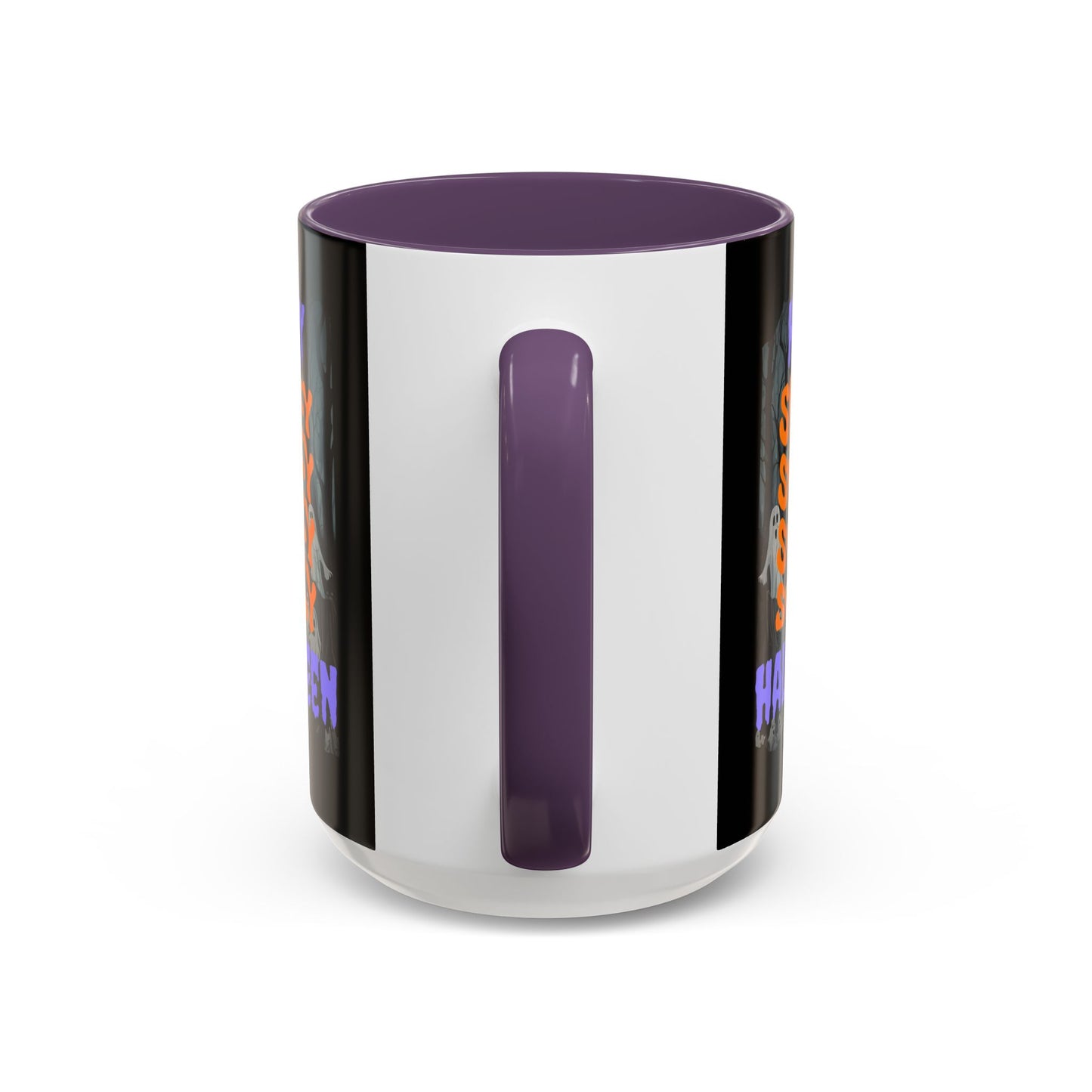 Spooky Happy Halloween Ghost Purple font Black Accent Mug by CreepyCrafts.boo