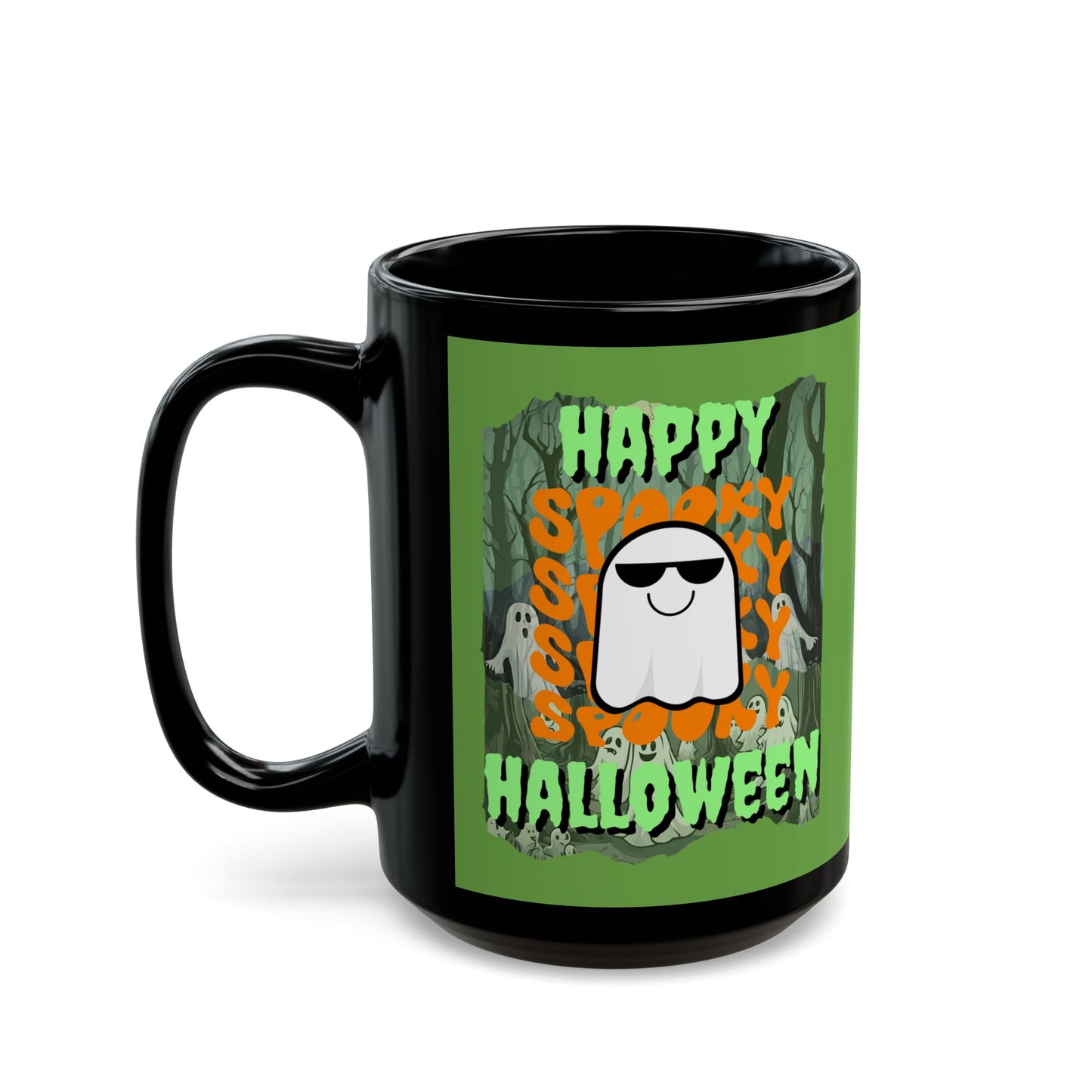 Spooky Happy Halloween Ghost Green font Green Mug by CreepyCrafts.boo