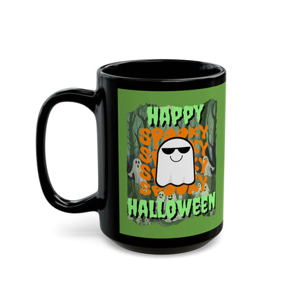Spooky Happy Halloween Ghost Green font Green Mug by CreepyCrafts.boo