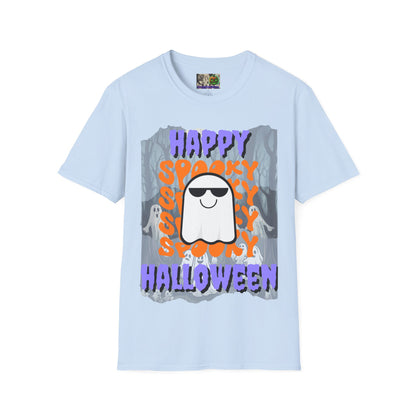 Spooky Happy Halloween Ghost Light colors Purple font Unisex T-Shirt by CreepyCrafts.boo