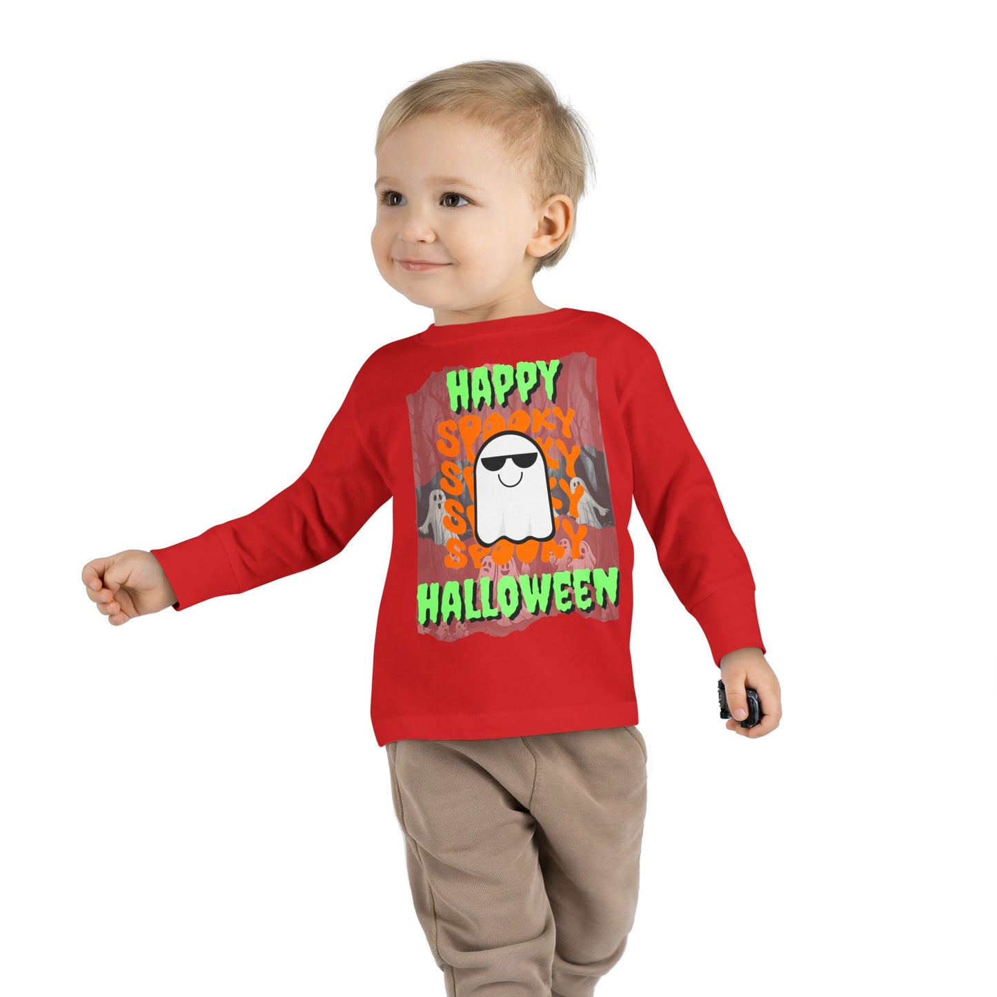 Spooky Happy Halloween Ghost Green font Toddler Long Sleeve Tee by CreepyCrafts.boo