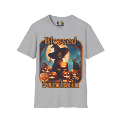 Blessed Samhain Cute Witch Orange font Light colors Unisex T-Shirt by CreepyCrafts.boo