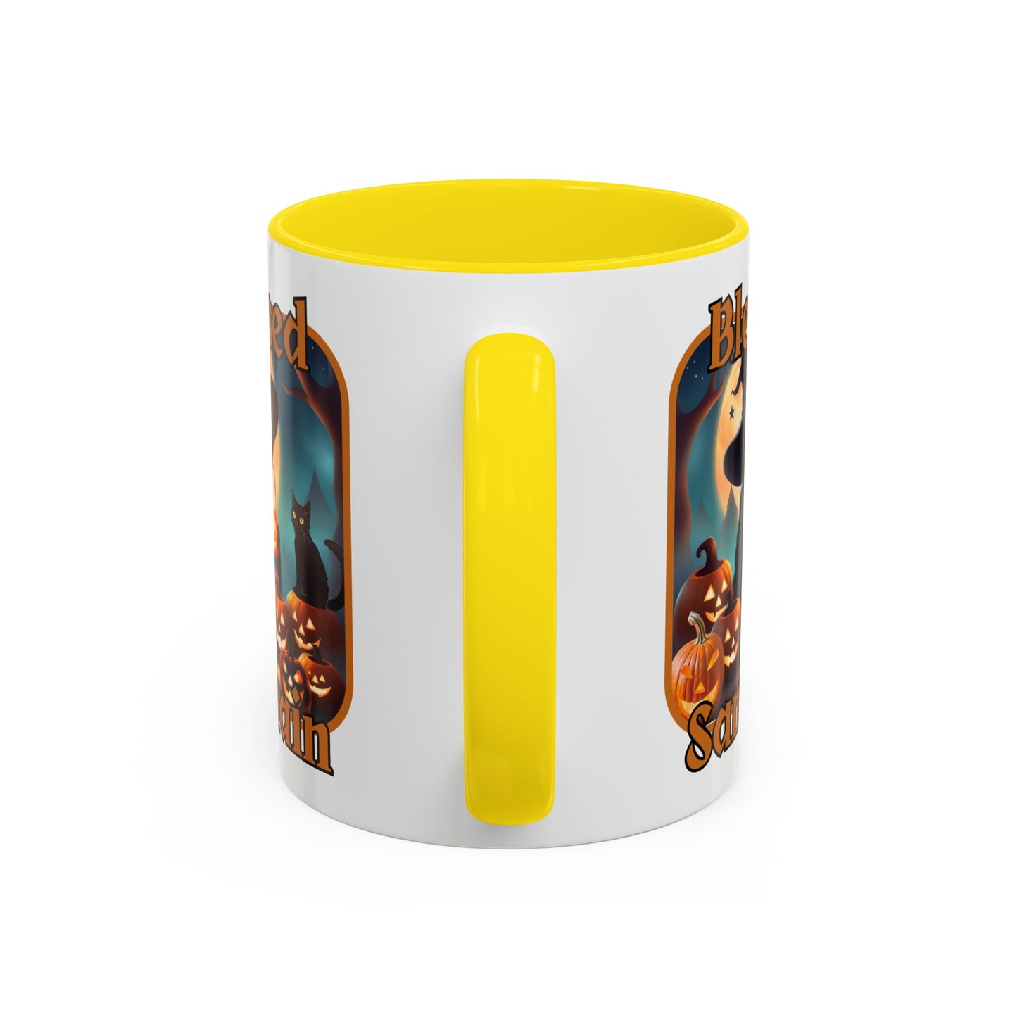 Blessed Samhain Cute Witch Orange font White Accent Mug by CreepyCrafts.boo