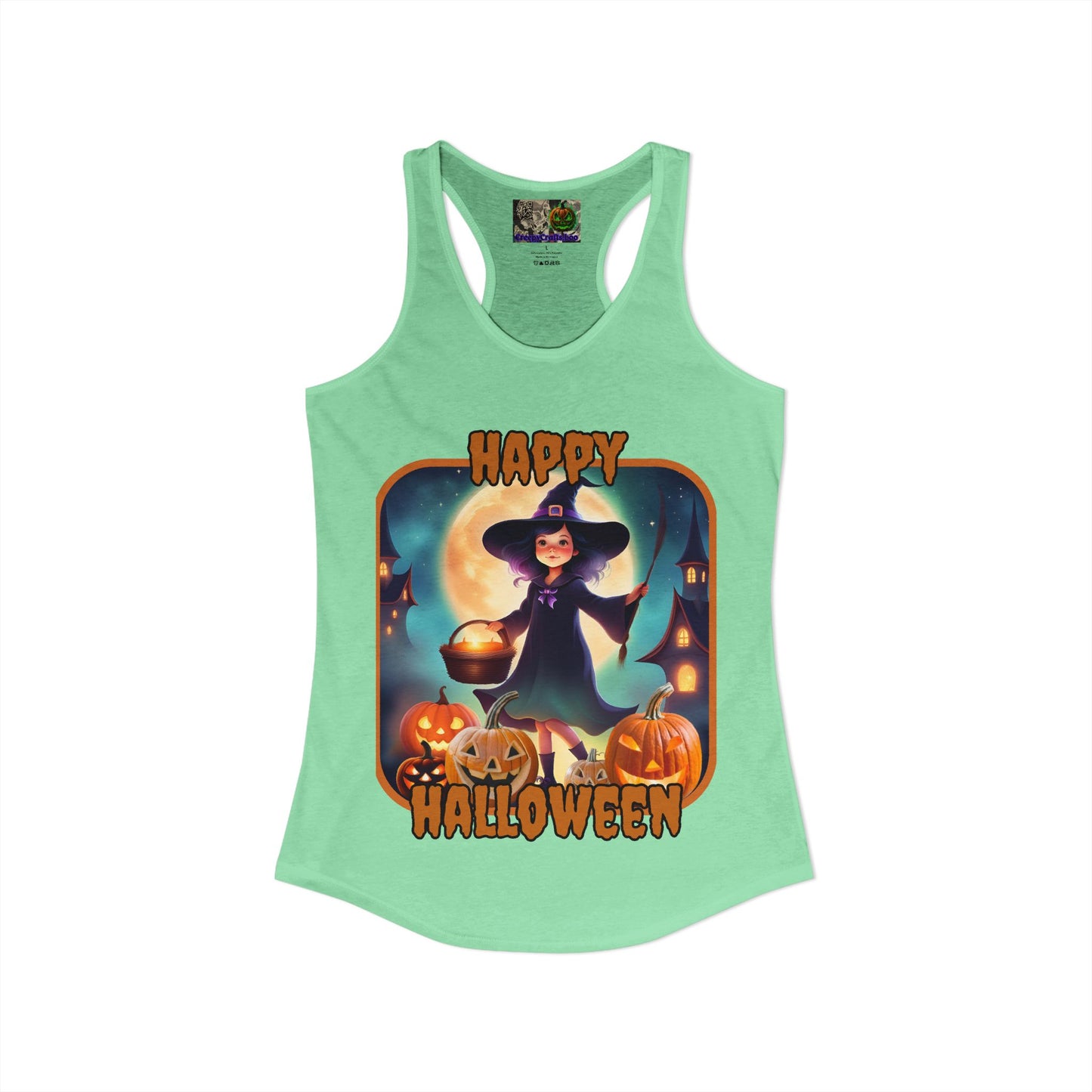 Happy Halloween Little Witch Orange font Women's Racerback Tank Top by CreepyCrafts.boo